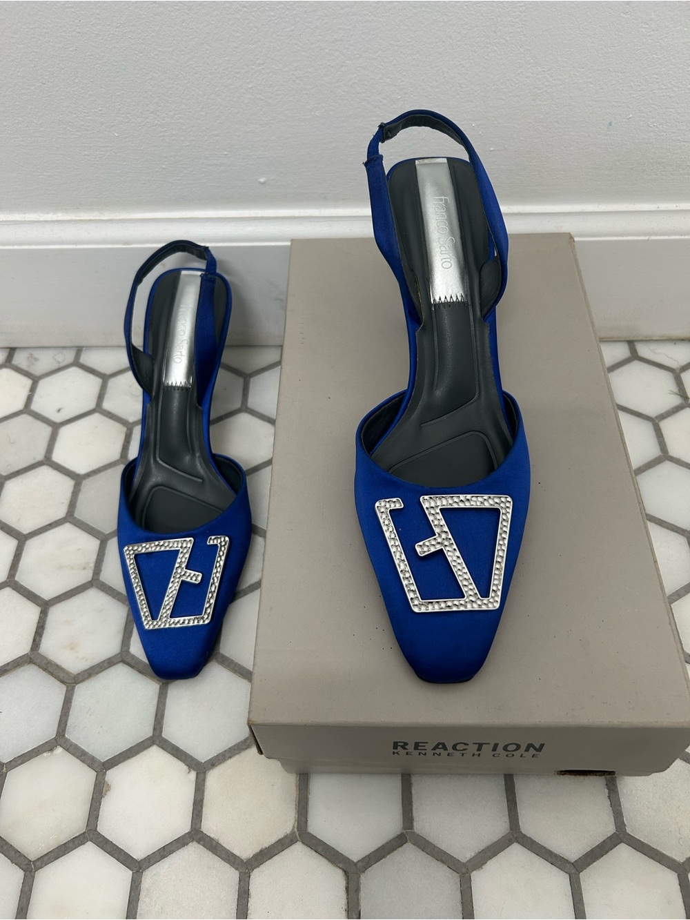 Franco Sarto Royal Blue Slingback Mules with Crystal Geometric Accent